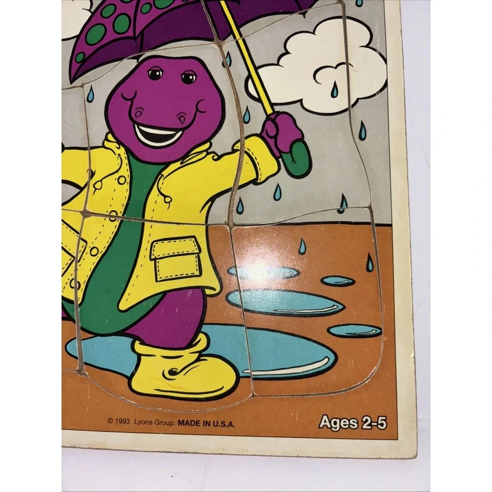Vintage Playskool  Barney Dancing in the Rain Dancin' Wooden Puzzle 1993